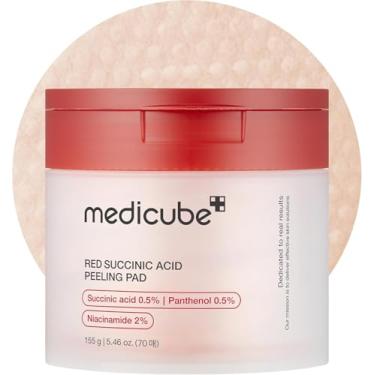 Imagem de M.edicube Red Succinico Pantenol Peeling Pads: esfoliação suave com AHA, BHA, niacinamida e pantenol. Ideal para pele acneica. Não comedogênico. Limpa, acalma e renova