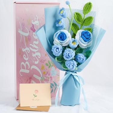 Imagem de LAIDANLA Buquê de flores de crochê, rosas azuis feitas à mão, lírio do vale, 5 peças, aniversário, casamento, agradecimento, formatura, aniversário, presentes para mulheres, buquê de flores de malha