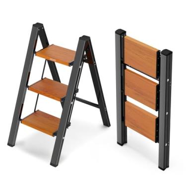 Imagem de WOA WOA Escada com pedais alargados, banco dobrável com pés antiderrapantes, escada portátil para adultos, escada pequena para cozinha, capacidade de 136 kg (3 degraus, preto e grão de madeira)