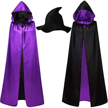 Imagem de Syhood Kit de chapéu e manto de bruxa de Halloween, boné de malha de lã com capa unissex reversível com capuz para baile de máscaras de Halloween, acessório de fantasia de cosplay multicolorido