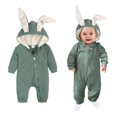 Imagem de AGQT Fantasia de coelhinho para bebês meninos 1ª Páscoa macacão roupas de animais de Halloween macacão de uma peça com capuz de orelha de coelho verde escuro tamanho 12-18 meses