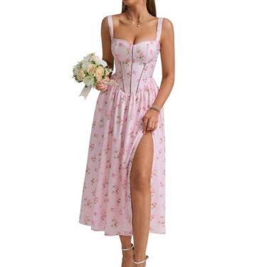Imagem de Vestido KUTUMAI, espartilho floral midi com fenda e bolsos para mulher