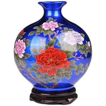 Imagem de Vaso de cerâmica artesanal com padrão base de peônia pode ser colocado na decoração do hotel de estudo para flores (Cor: Dourado Tamanho: 27 * 24 cm) (Cor: Azul Tamanho: 27 * 24 cm)