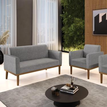 Imagem de Conjunto Poltrona e Namoradeira Decorativa Isabella Pés Fixo em Madeira Castanho Linho Cinza Mesclado G19 - Gran Belo