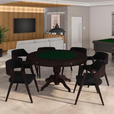 Imagem de Conjunto Mesa de Jogos Carteado Bellagio Tampo Reversível e 6 Cadeiras Madeira Poker Base Estrela Veludo Preto/Tabaco G42 - Gran Belo