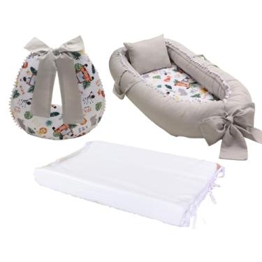 Imagem de Kit Ninho Redutor De Berço + Almofada Amamentação + Trocador Liso Menino (Safari troc branco)