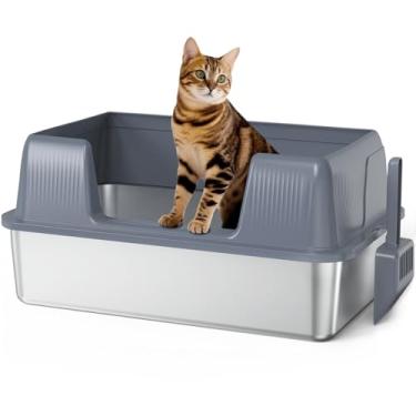 Imagem de Vivifying Caixa de areia para gatos de aço inoxidável, panela de metal semi-fechada extra grande XL com entrada lateral, colher incluída, penico de topo aberto para gatos grandes e gatinhos internos