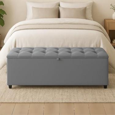 Imagem de Báu Estofado alongado tamanho King em Suede Cinza elegante e resistente 50x185x42