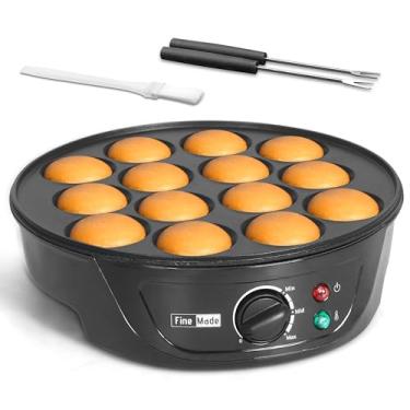 Imagem de FineMade Máquina de fazer panquecas antiaderente, panela elétrica com controle de escurecimento, frigideira Ebelskiver Aebleskiver, máquina de panqueca holandesa, com escova e garfos, 14