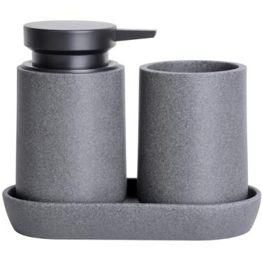 Imagem de Clasin Home Conjunto de 3 acessórios de banheiro, dispensador de sabão líquido com bomba grande, suporte de escova de dentes e saboneteira, conjunto de balcão de banheiro com textura de arenito para