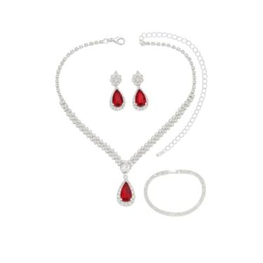 Imagem de Conjunto Feminino Colar Brinco Pulseira Gota Zircônia Cúbica Prata Verde Esmeraldo - Noiva Madrinha Casamento Festa Formatura Debutante - Presente Mãe Namorada Amiga - Clássico Delicado Elegante (Vermelho)