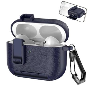 Imagem de Ephoou Capa para AirPods Pro 3 com suporte e trava de segurança, capa de textura de couro à prova de choque de policarbonato + TPU com mosquetão para AirPods Pro 3 PW-azul