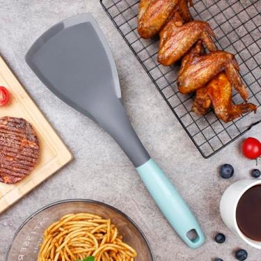 Imagem de Espátula de nylon de 33 cm que não arranha com suporte de mesa – Espátula sólida resistente ao calor, pode ser lavada na lava-louças e orifício para pendurar, alça azul para cozinha