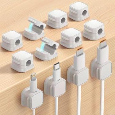 Imagem de Grampos de cabo elétrico adesivos, pacote com 12 organizadores de fios magnéticos ajustáveis para uso em mesa, parede, carro, branco