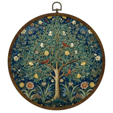 Imagem de KLYTINK Arte de parede floral peônia vintage, impressão de arte em tela de moldura redonda, estética de quarto de flores em aquarela para quarto sala de estar 25 x 25 cm (árvore verde da vida)