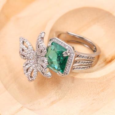 Imagem de Lindo anel retangular de pedra cúbica verde com design de borboleta dançante - Anéis ajustáveis abertos de haste dividida para mulheres - Joias elegantes para casamento, festa e coquetéis, Adjustable