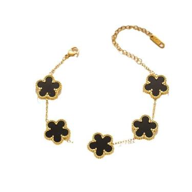 Imagem de Pulseira feminina de trevo da sorte banhada a ouro 18 K, branco/preto/banhado a ouro 18K, flor com cinco folhas, joias modernas, presentes para mulheres, One Size, Aço inoxidável Aço inoxidável
