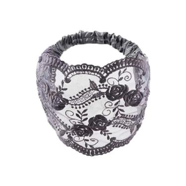 Imagem de Tiara de renda com flores elásticas, acessórios de cabelo de malha, vazada, doce e transparente, lateral larga (cinza)