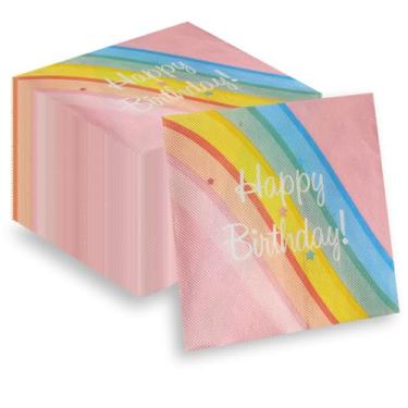 Imagem de APFCLRBL Guardanapos de festa infantis com estampa de arco-íris de feliz aniversário guardanapos de papel decorativos vibrantes para crianças, aniversários, casamentos, jantares, confeitaria
