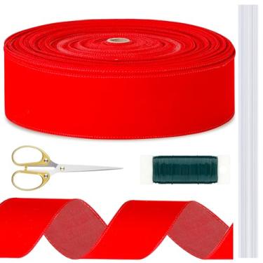 Imagem de Threehoney Fita de Natal com fio de veludo vermelho de 60 metros, fita de Natal grande para guirlanda, guirlanda, enfeite de árvore, laço, embrulho de presente para decoração interna de Natal, enfeite