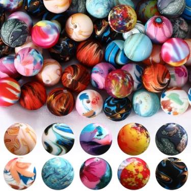Imagem de Ferreve 60 contas de silicone de 15 mm a granel impressão galáxia redonda contas focais de borracha DIY contas soltas de silicone para kit de fabricação de pulseiras para chaveiros, canetas, colar