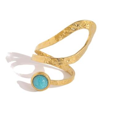 Imagem de Dikixe Anel Boho Western Turquesa, Oval Turquesa Pedra Preciosa Dezembro, Anel de Declaração Aberto, Anel de Declaração Ajustável de Aço Inoxidável Banhado a Ouro para Mulheres, 8, Amazonita