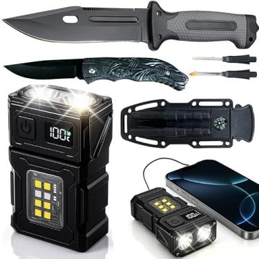 Imagem de Kit Tático Sobrevivência Faca Aço Canivete Dobrável Lanterna LED 7 Modos Powerbank Recarregável Imã Pederneira Apito Aventura Camping Pesca Militar Emergência Portátil USB