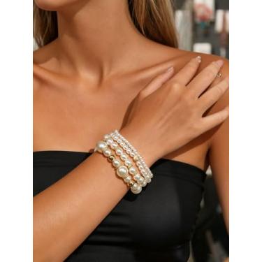 Imagem de Conjunto de 4 pulseiras de pérolas para mulheres, pulseira elástica empilhável com detalhes dourados, conjunto delicado de pérolas falsas, joias elegantes em camadas, presente para festas de casamento