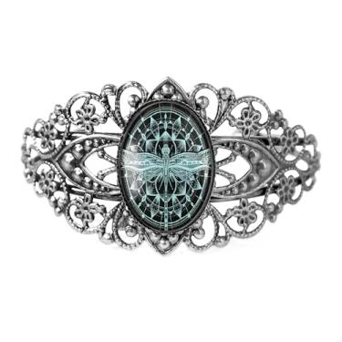Imagem de Pulseira de filigrana de libélula azul - Arte mandala esotérica, prata bronze antigo ou preto, joia de vidro artesanal vitoriana - 125-CB, Adjustable, Vidro, Sem Pedra Preciosa