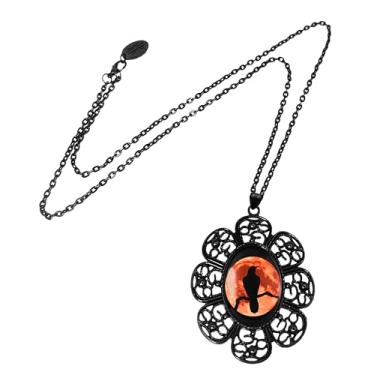 Imagem de Colar com pingente de flor gótica, corrente preta, design de silhueta de pássaro lua laranja, grande, metal, sem pedra preciosa