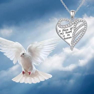 Imagem de Colar com pingente de memorial de coração para mulheres, A Piece of My Heart Is in Heaven Sympathy, pingente de liga de lembrança de asa de anjo