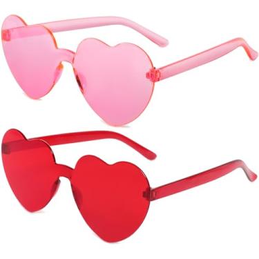 Imagem de ayigu Óculos de sol em forma de coração para mulheres, óculos de sol modernos de coração, sem aro, transparentes, lembrancinhas coloridas de festa rave, (Pacote com 2) vermelho, rosa