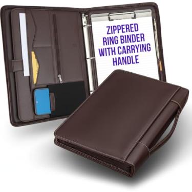 Imagem de STYLIO Pasta de carteira com zíper de nogueira com alça de transporte | Fichário removível de 3 anéis (2,5 cm) com pasta de prancheta | Organizador para documentos, iPad, tablet, caderno | Pasta de