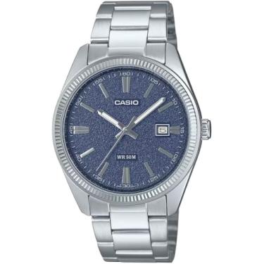 Imagem de Casio MTP1302DA-2A1V Relógio analógico masculino vintage clássico de aço inoxidável fosco com mostrador azul
