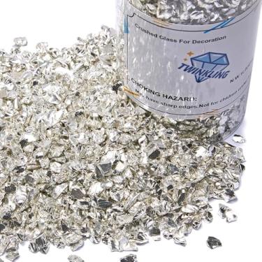 Imagem de TWINKLING Pedras de vidro de fogo de alto brilho, vidro quebrado, pedras de vidro triturado para fogueira, arte de resina, decoração de jardim de aquário, 9-12 mm (prata)