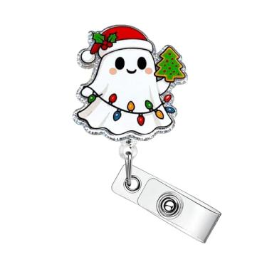 Imagem de Carretel de crachá de fantasma de chapéu de Natal com luzes coloridas, design de árvore de Natal, clipe retrátil de crachá de Natal, porta-crachás de acrílico fofo com clipe jacaré, carretel de crachá