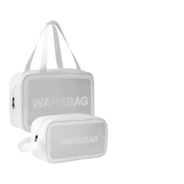 Imagem de Kit 2 Necessaires Transparente E Impermeável Grande Mais 06 Frascos Recarregáveis Para Shampoo, Condicionador, Creme e Cosméticos — Organização Prática e Moderna (Branca)