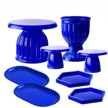 Imagem de Kit Boleira Festa E Bandeja, Kit Moderno Boleira Romana 17cm, 1 Vaso Romano, 2 Mini Slim, 2 Bandeja Perola Oval, 2 Mini Sextavadas(Azul Royal)