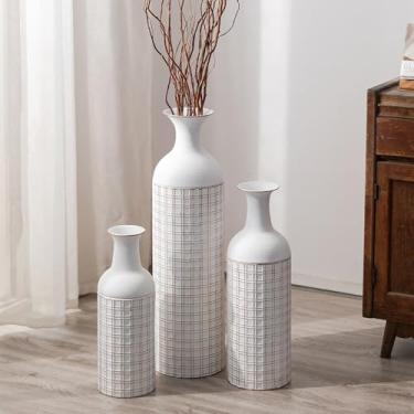 Imagem de Sziqiqi Vaso alto de chão: conjunto de 3 vasos grandes brancos de 70/20/40 cm vaso grande para sala de estar, vaso de flores de metal gigante moderno para chão, quarto, lareira, canto, escritório