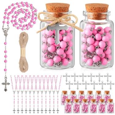 Imagem de Ferreve 12 conjuntos de mini rosário lembrancinhas de batismo para convidados com garrafa e cruz rosa perfumada contas de madeira colar pingente cruz presente de primeira comunhão para batizado