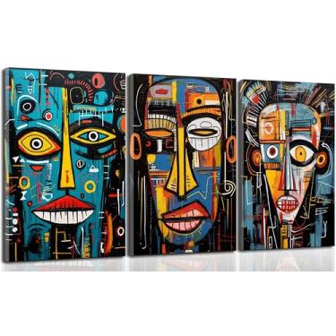 Imagem de 3 peças arte de parede em tela de retrato abstrato homem caverna graffiti decoração imagens preto e branco artistas modernos geométricos impressões para quarto, corredor, bar, sala de jogos, sala de