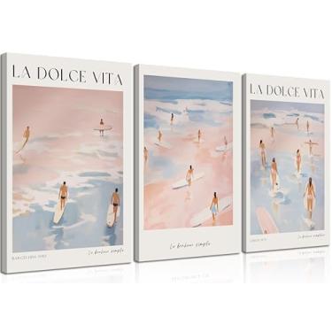 Imagem de 3 peças de arte de parede em tela costeira azul e rosa aquarela pintura de surfe preppy decoração de parede La Dolce Vita surfe verão praia pôster arte para menina dormitório sala de estar quarto