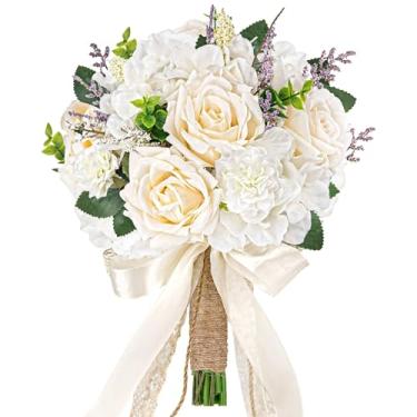 Imagem de Buquê de rosas artificiais para noivas, arranjo floral de 9,8 x 30 cm em champanhe e branco, decoração pastel suave para o dia do casamento