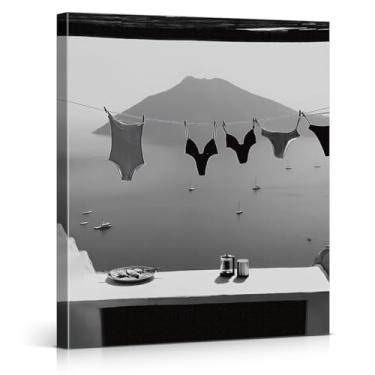 Imagem de Decoração de parede de biquíni para pendurar na costa engraçado preto e branco oceano impressão pôster decoração de parede para casa casa praia sala de estar 20 x 25 tela emoldurada