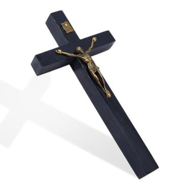 Imagem de DICOSMETIC Pequena cruz de parede de madeira 15,1 x 8 x 2,2 cm cruz de madeira preta com liga crucifixo de Jesus São Bento Crucifixo católico para parede, presente religioso de Natal e Páscoa para