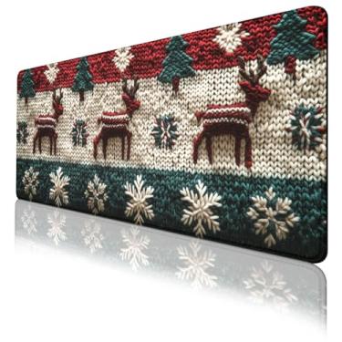 Imagem de Tapete de mouse para jogos de Natal, árvore de Natal, flocos de neve, veado, estilo de malha, mouse estendido, bordas costuradas à prova d'água, base de borracha, antiderrapante, tapete de teclado de