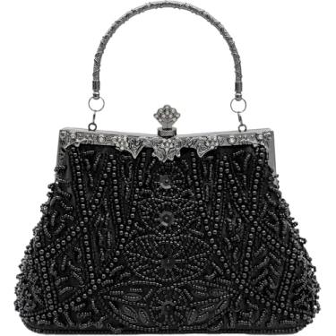 Imagem de YUGAORULI Bolsa de mão vintage floral com lantejoulas de strass bordada, bolsa de mão para noite, festa de casamento e formatura, Preto