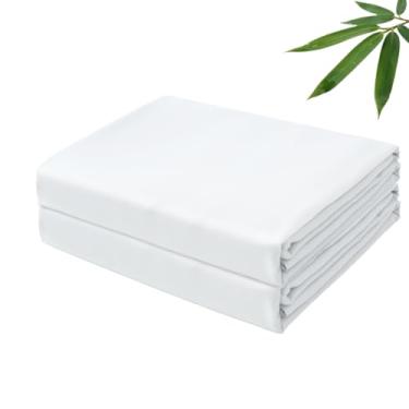 Imagem de Apenas lençóis planos de viscose de bambu, 400 fios, trama de cetim cal, tamanho king, apenas 2 peças, resfriamento macio de luxo para pessoas com sono quente, respirável e sedoso (branco, Cal King, 2