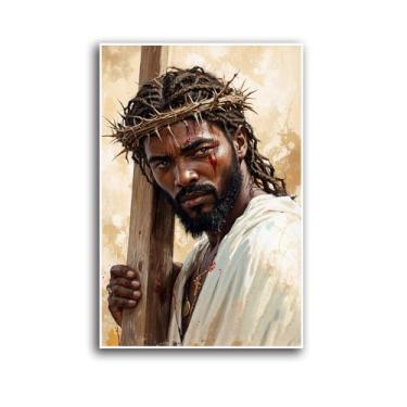 Imagem de Majestoso Jesus pintura em tela coroa de espinhos sobrancelhas manchadas de sangue segurando cruz de madeira branca texturizada colar dourado detalhes faciais realistas quentes símbolo espiritual