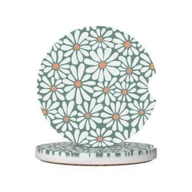 Imagem de Porta-copos florais verdes e brancos para porta-copos, 2 porta-copos de carro para carro, porta-copos de carro absorvente de cerâmica com entalhe de dedo e base de cortiça, acessórios de interior de
